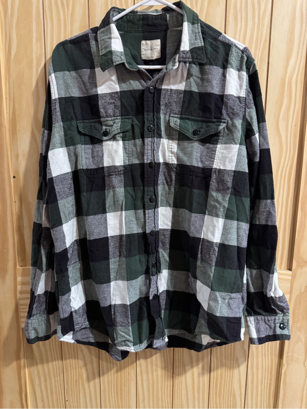 100% Cotton American Eagle Green, Dark Blue and White Plaid Flannel—XLT